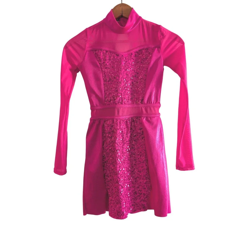 Balera Kids Pink Sequin Long Sleeve Dance Costume Leotard Dress Size‎ L RN64830